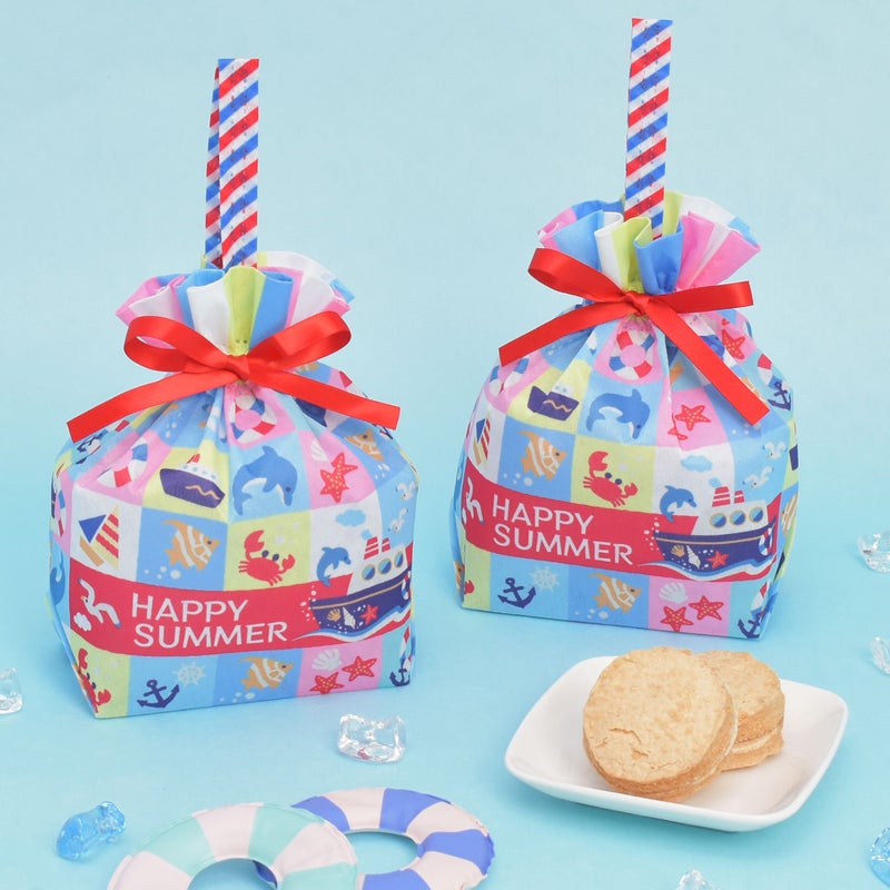 ラッピング｜手提げリボンバッグFP　サマーブロック柄　20枚入～