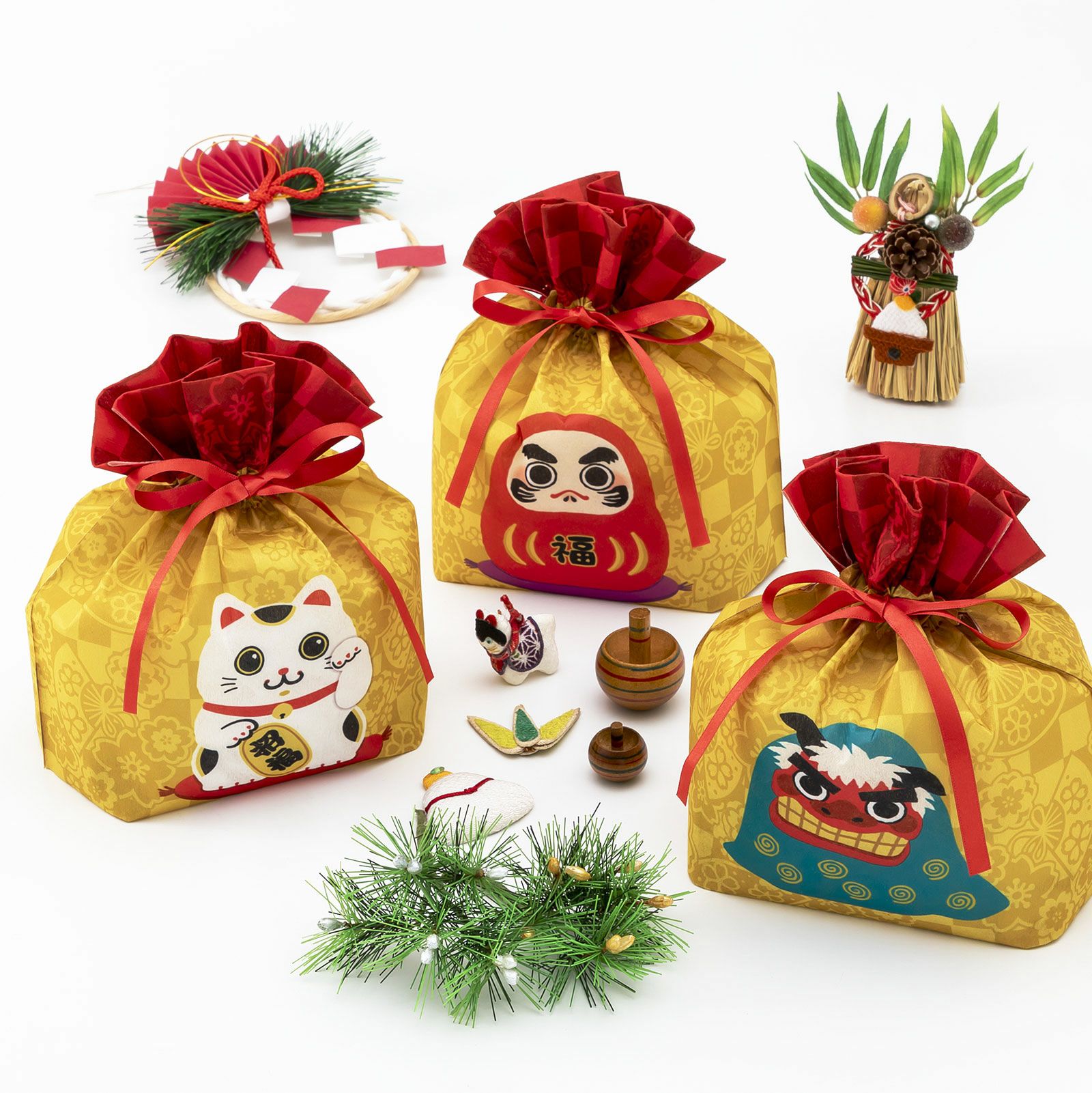 巾着リボン小　招福キャラ柄