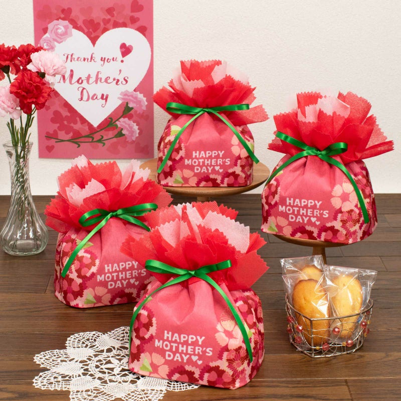 お花巾着FP カーネーション柄｜不織布ギフト包装資材の仕入れ通販 ラッピングの森｜俯瞰から見た画像