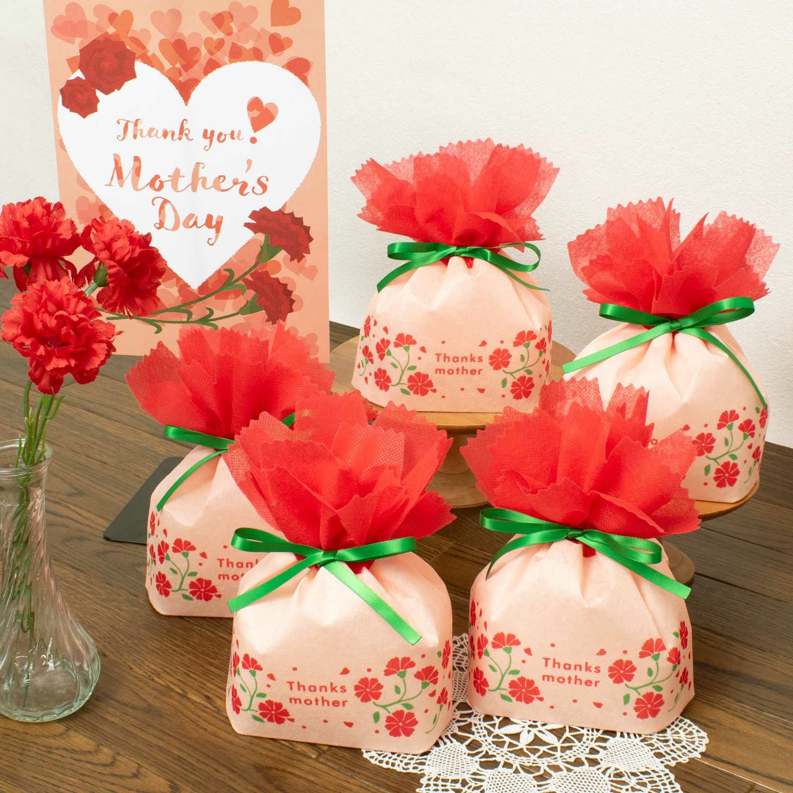 【母の日】お花巾着（中)カーネーション柄｜不織布ラッピング袋｜20枚入～