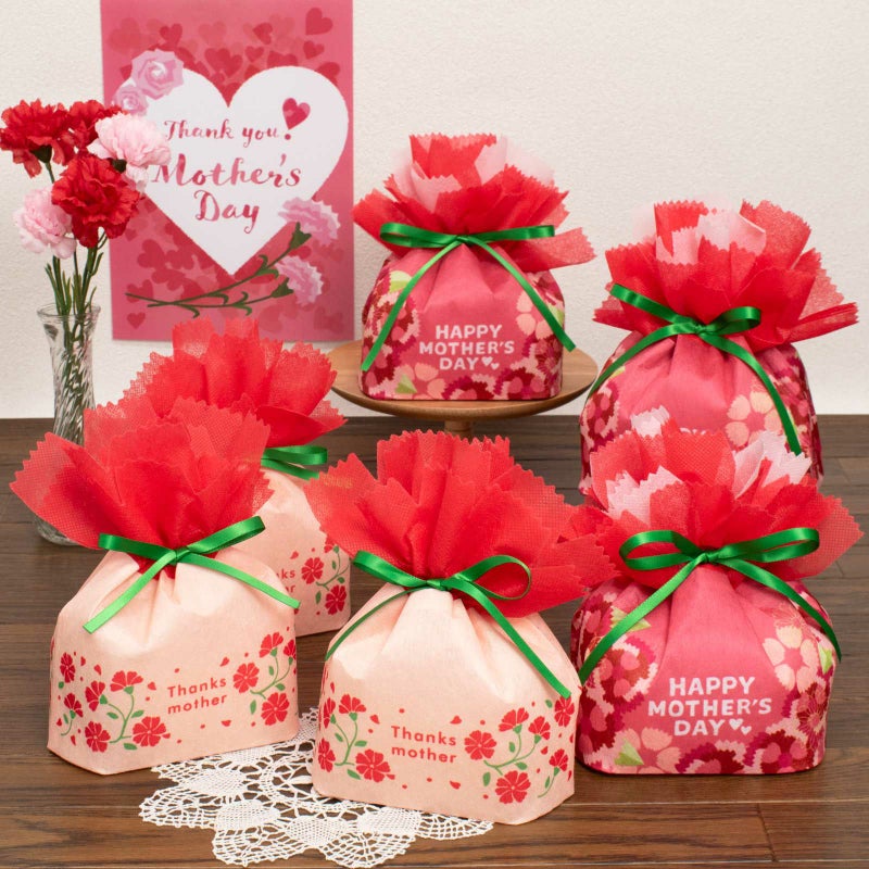 ラッピング｜【母の日】お花巾着（M)カーネーション柄｜不織布ラッピング袋｜20枚入～
