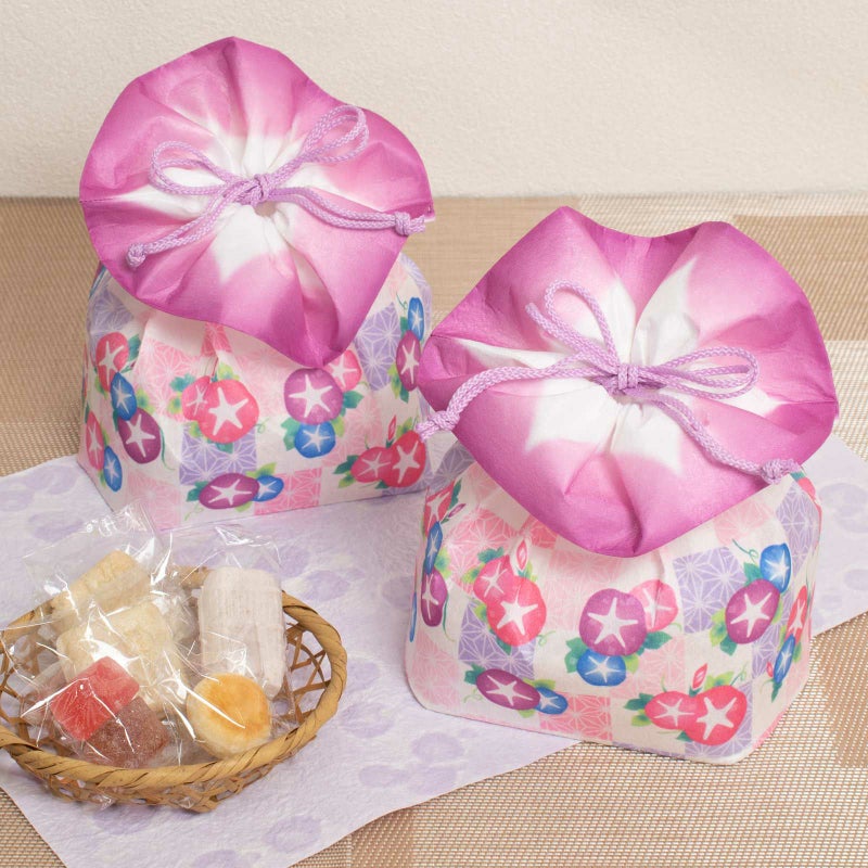 ラッピング｜【夏ギフト】お花巾着（大）朝顔市松柄｜不織布ラッピング袋｜20枚入～