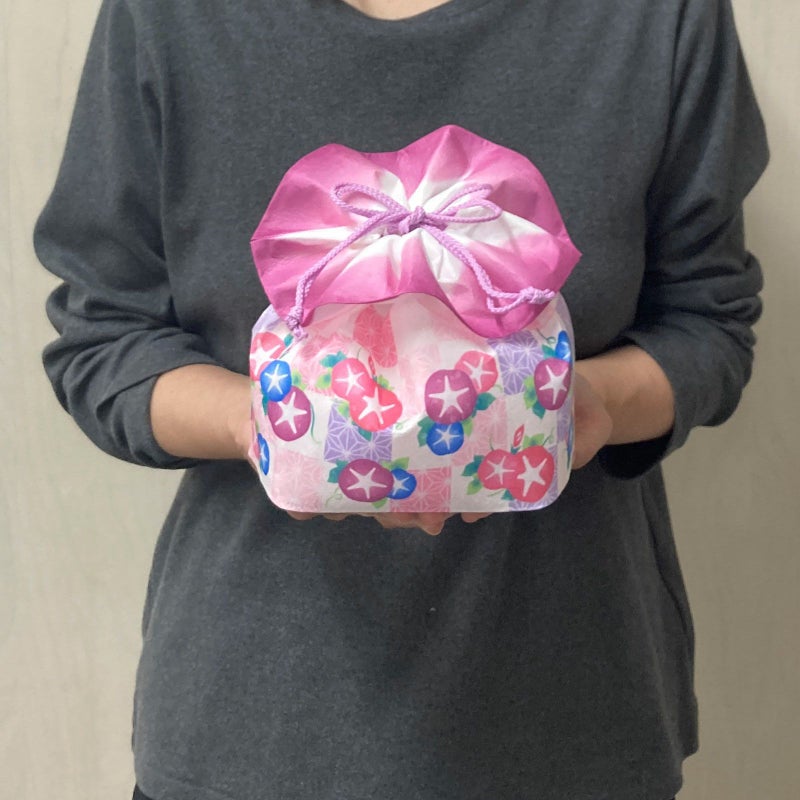 【夏ギフト】お花巾着（大）朝顔市松柄｜不織布ラッピング袋｜20枚入～