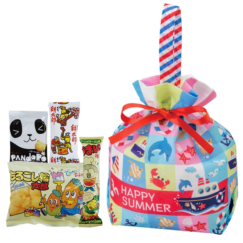 ラッピング｜【夏祭り・縁日向け】駄菓子詰め合わせリボンバッグ｜セット済み・すぐ配布OK｜60枚入～