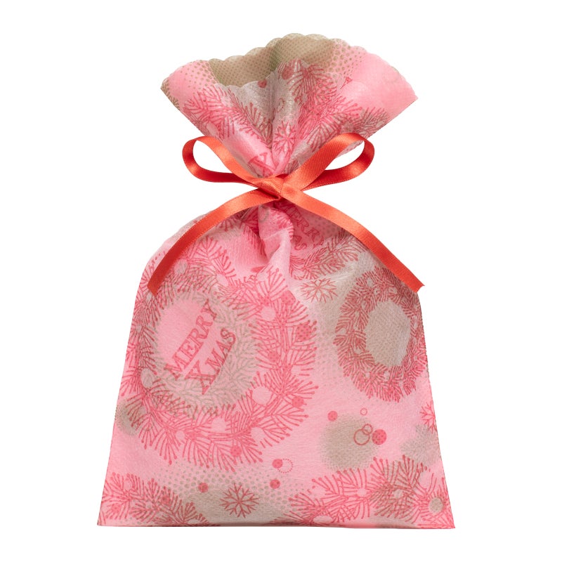 【クリスマス】2層ソフトバッグリボン巾着（S3）リース柄｜不織布ラッピング袋｜20枚入～