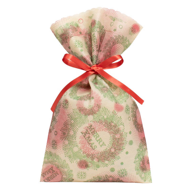 【クリスマス】2層ソフトバッグリボン巾着（S4）リース柄｜不織布ラッピング袋｜20枚入～